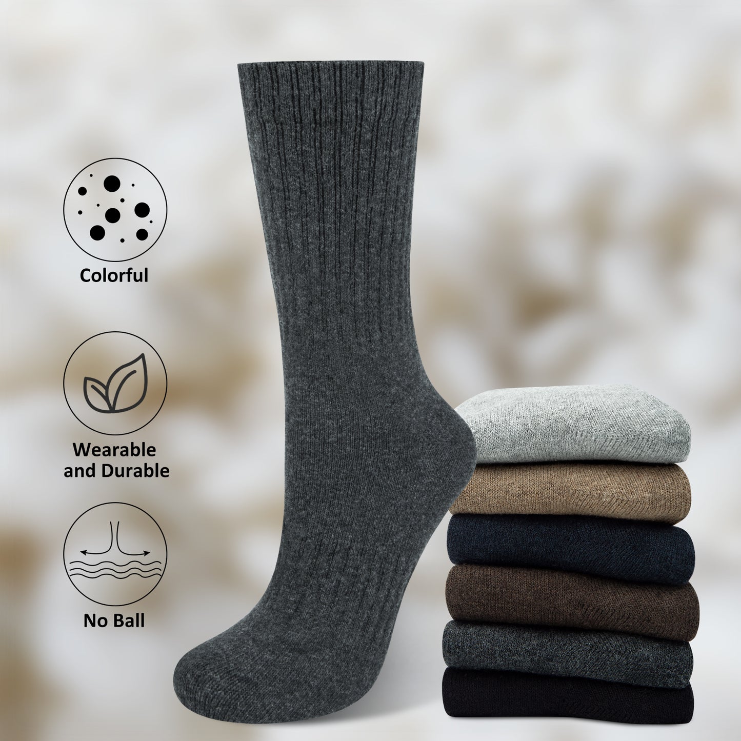 KOITHOT 6 Pairs Wool Socks for Men, Thick Soft Knit Vintage Boot Crew Socks