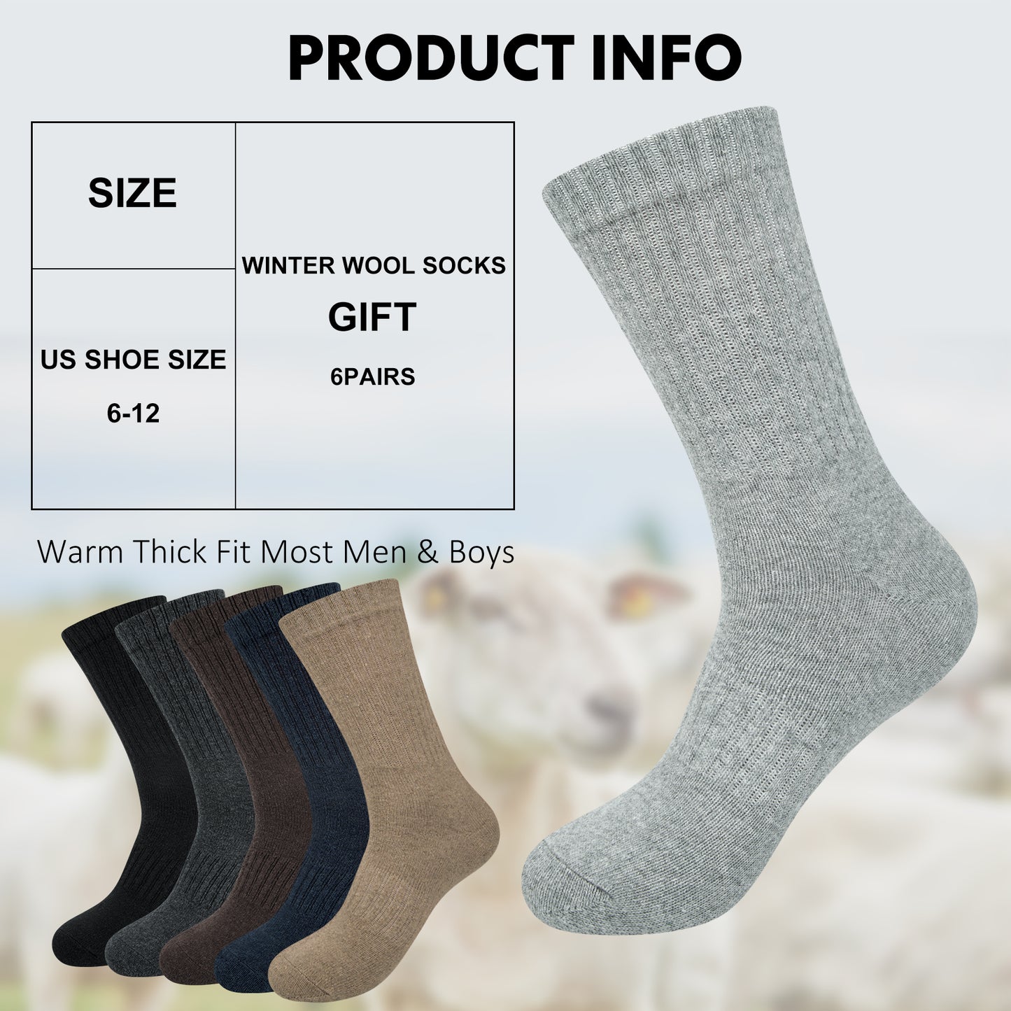 KOITHOT 6 Pairs Wool Socks for Men, Thick Soft Knit Vintage Boot Crew Socks