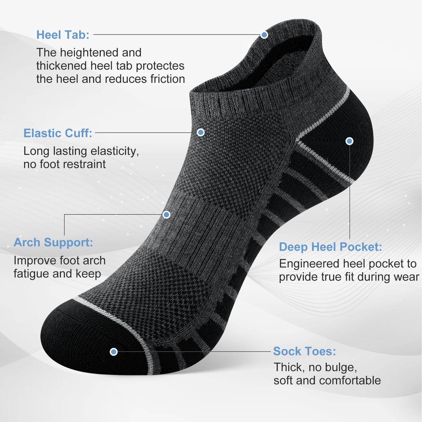 KOITHOT 12 Pairs Mens Ankle Socks, Socks for Men Low Cut Breathable Cushion Black and Gray