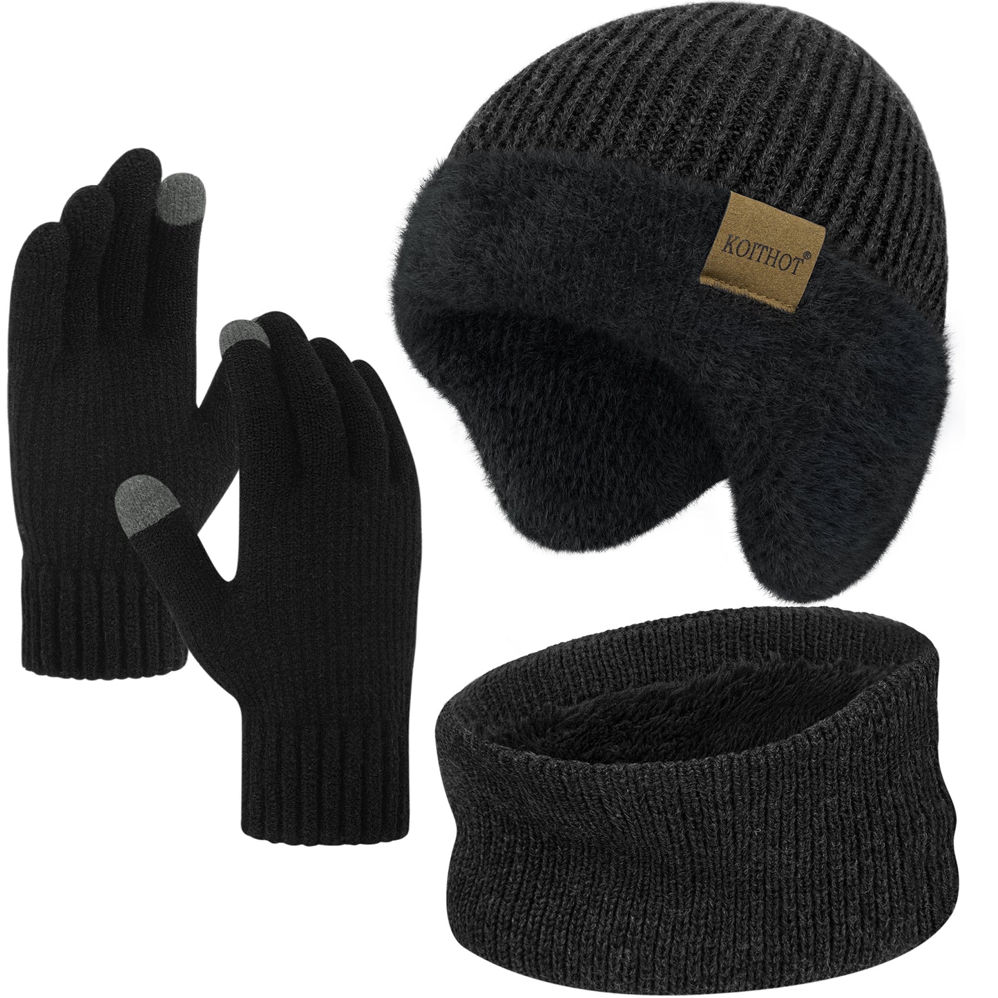 KOITHOT 3 Pcs Winter Beanie Hat with Ear Flaps Knitted Neck Warmer Touchscreen Gloves Set for Men Women Black