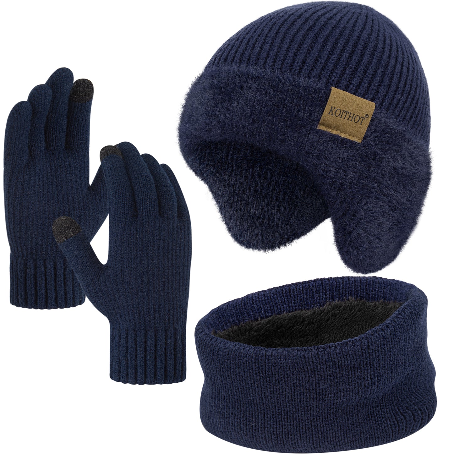 KOITHOT 3 Pcs Winter Beanie Hat with Ear Flaps Knitted Neck Warmer Touchscreen Gloves Set for Men Women Black