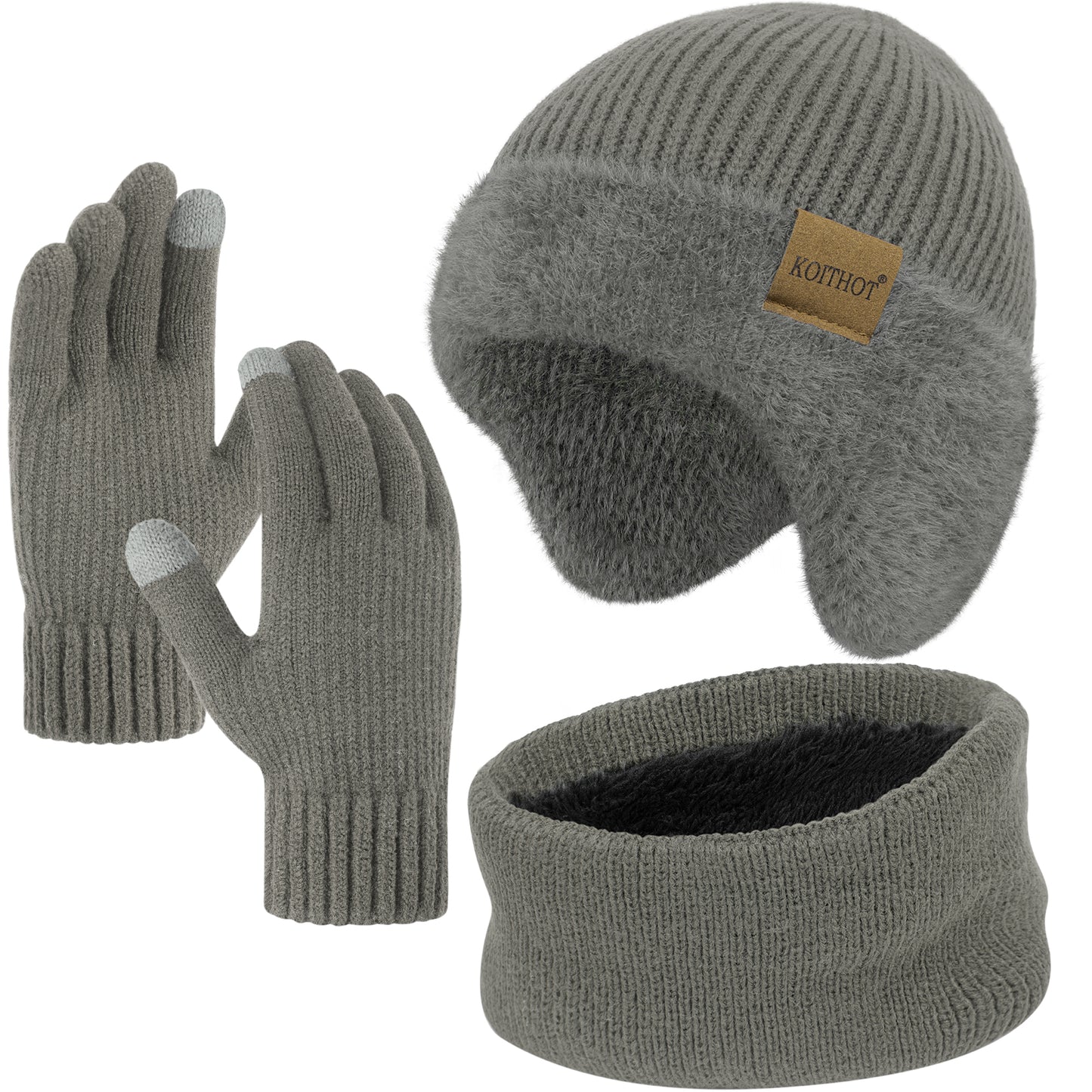 KOITHOT 3 Pcs Winter Beanie Hat with Ear Flaps Knitted Neck Warmer Touchscreen Gloves Set for Men Women Black