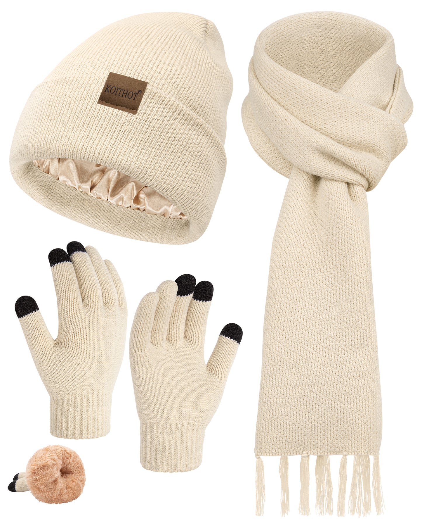 KOITHOT 3 Pcs Winter Satin Silk Lined Beanie Hat Long Knit Scarf Touchscreen Wool Gloves Set for Women Men Black