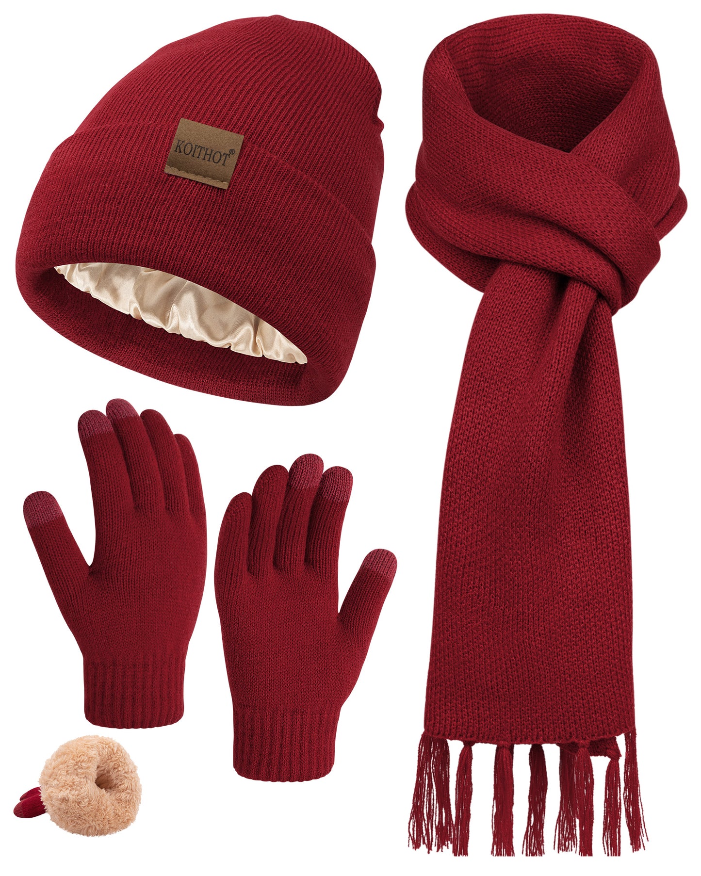 KOITHOT 3 Pcs Winter Satin Silk Lined Beanie Hat Long Knit Scarf Touchscreen Wool Gloves Set for Women Men Black