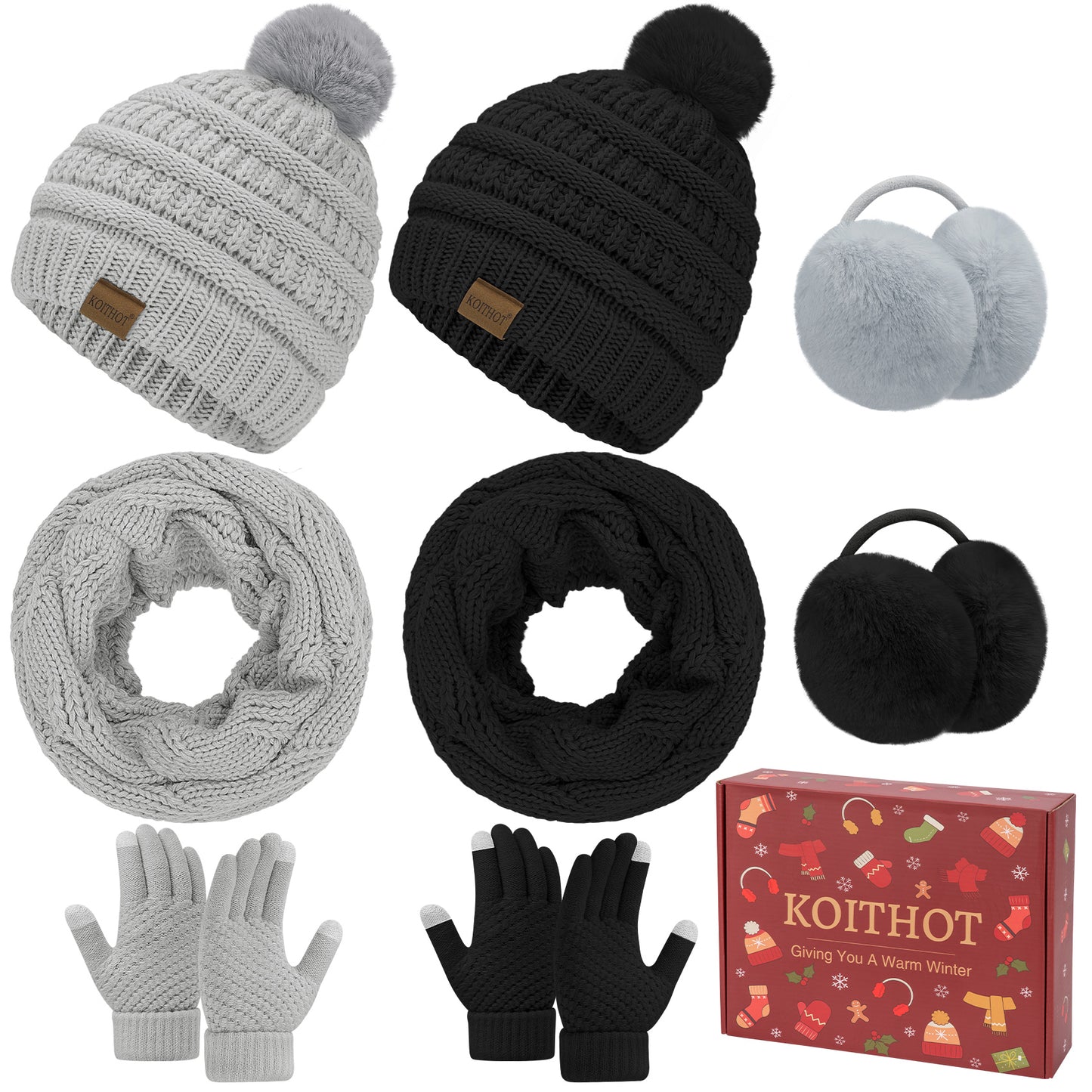 KOITHOT 8 Pcs Winter Beanie Hat Neck Warmer Earmuff  Touchscreen Gloves Set with Gift Box for Women Men Black and Dark Gray