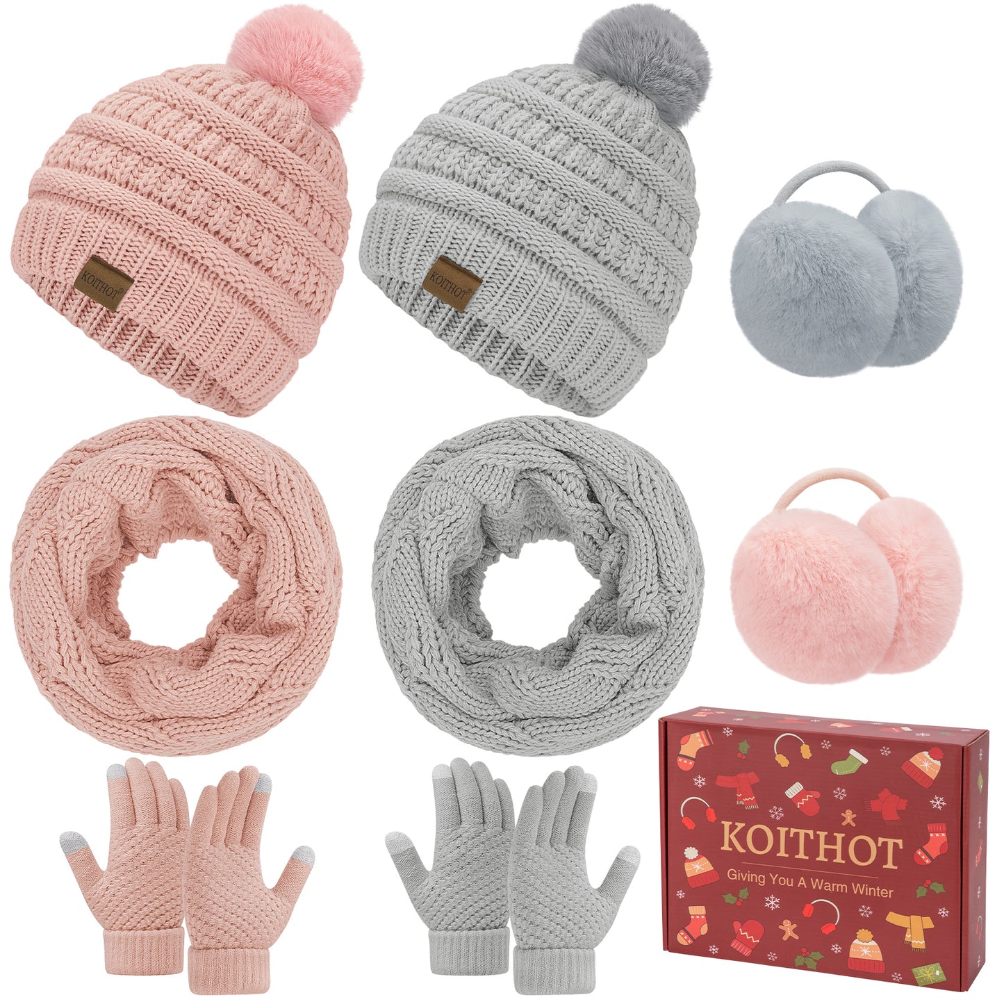 KOITHOT 8 Pcs Winter Beanie Hat Neck Warmer Earmuff  Touchscreen Gloves Set with Gift Box for Women Men Black and Dark Gray
