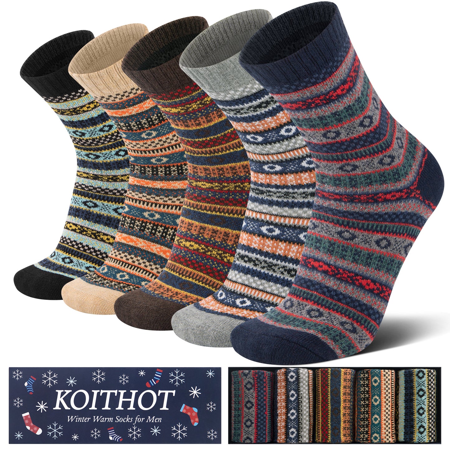 KOITHOT 5 Pack Wool Socks for Men Thermal Winter Thick Crew Socks Vintage Men Socks