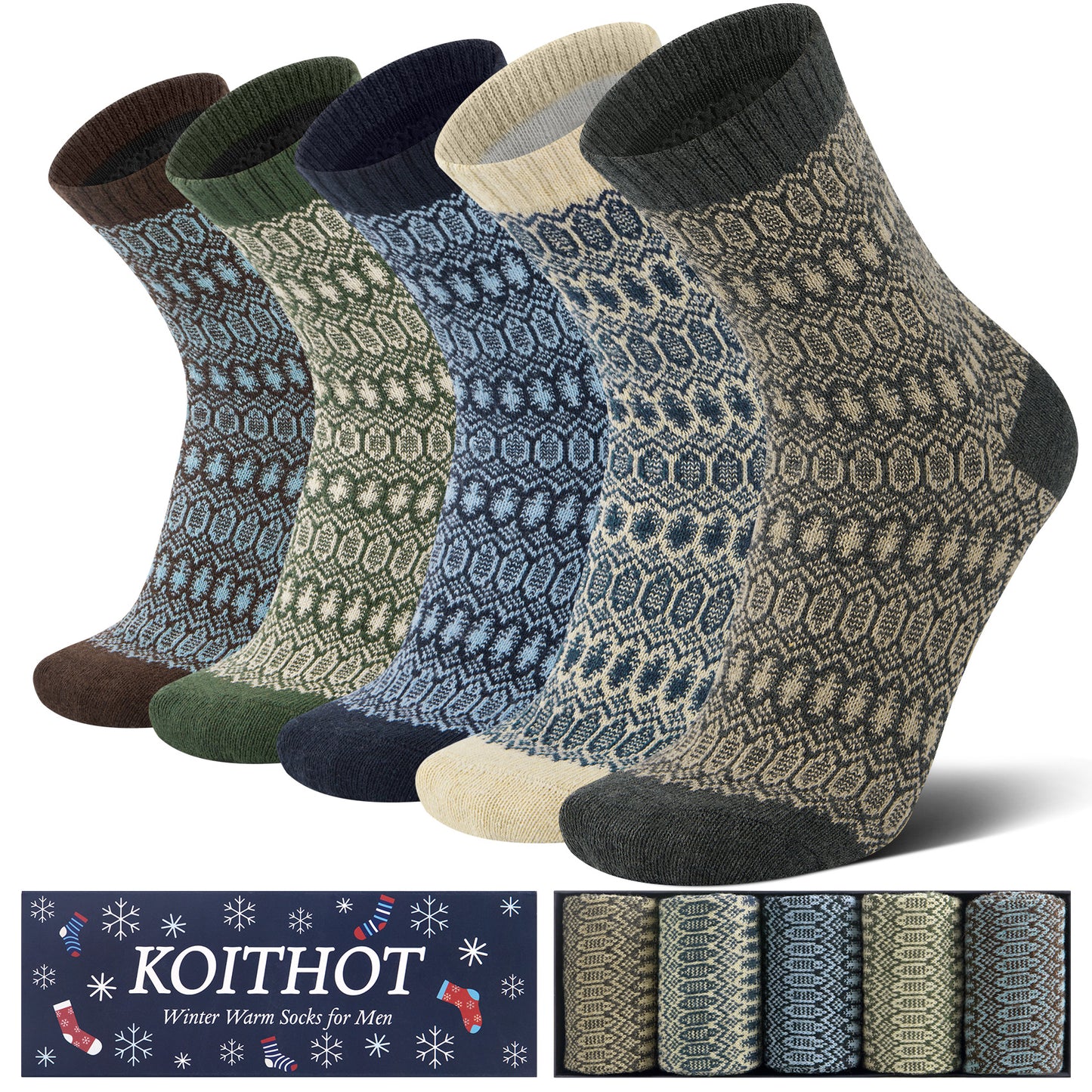 KOITHOT 5 Pack Wool Socks for Men Thermal Winter Thick Crew Socks Vintage Men Socks