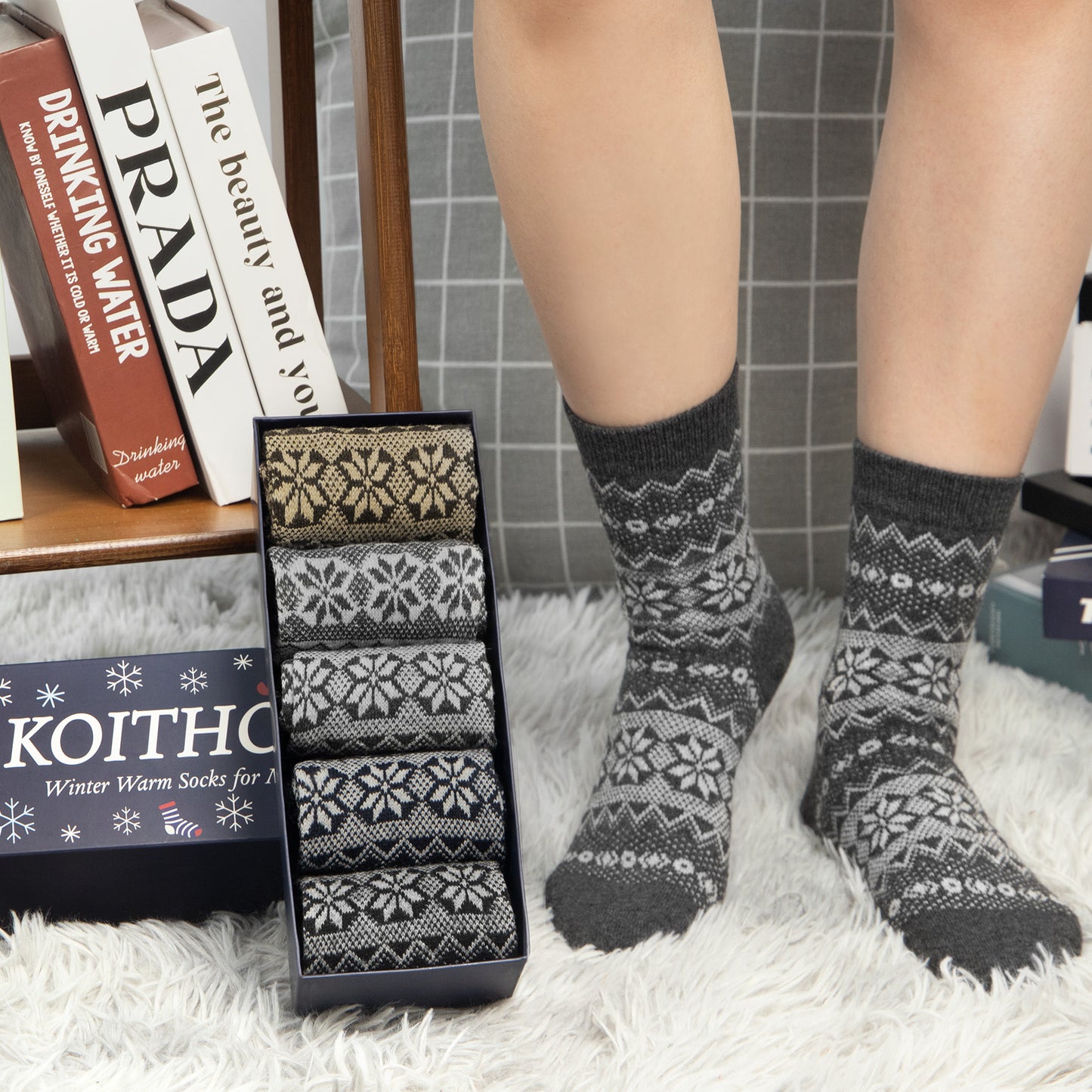 KOITHOT 5 Pack Wool Socks for Men Thermal Winter Thick Crew Socks Vintage Men Socks