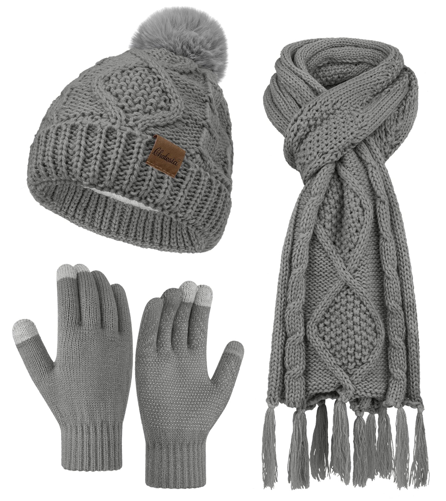 KOITHOT 3 Pieces Women Winter Hat Gloves Scarf Set, Soft Warm Thick Touch Screen Knitted Black