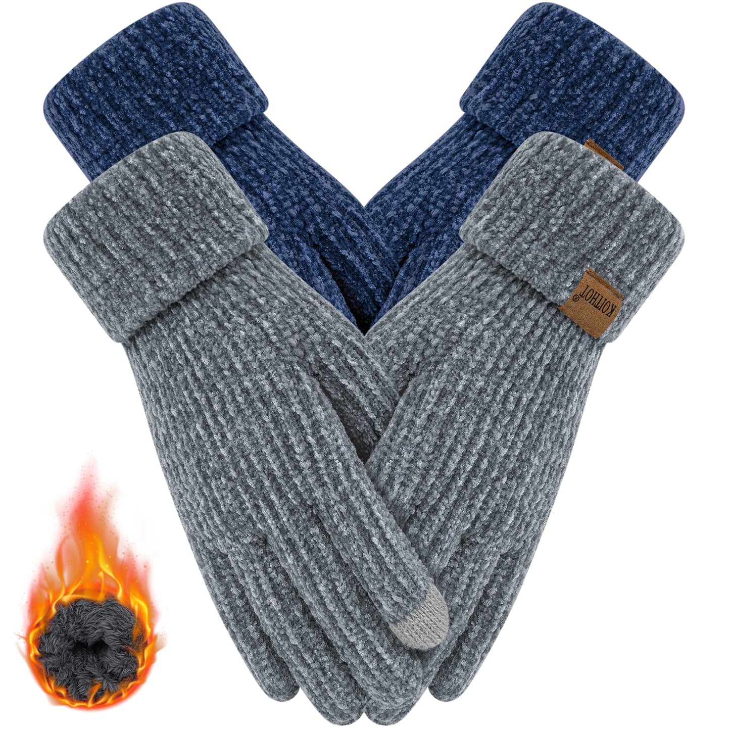 KOITHOT 2 Pairs Winter Gloves for Women Chenille, Winter Warm Thick Lined Touchscreen Fingers Weather Gloves