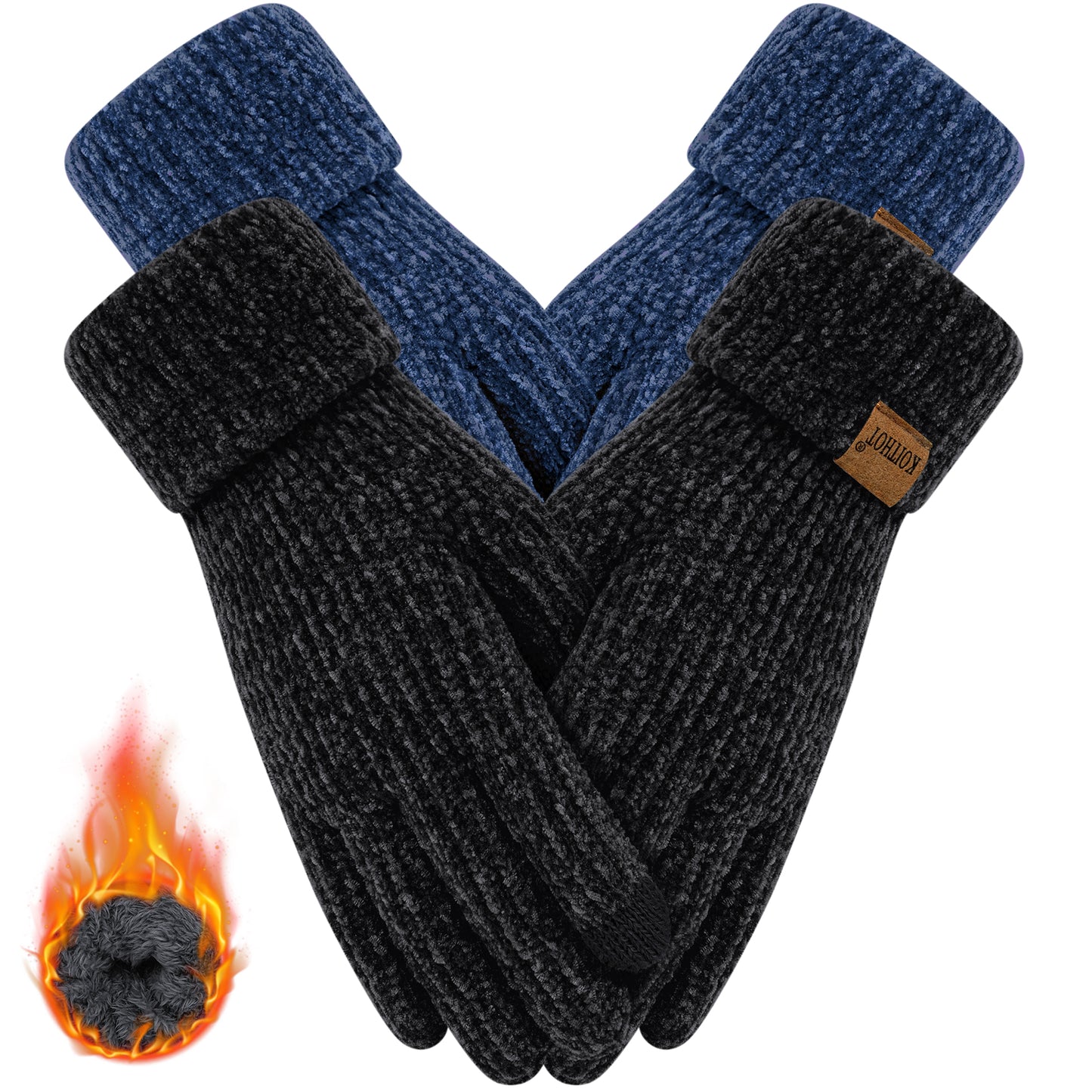 KOITHOT 2 Pairs Winter Gloves for Women Chenille, Winter Warm Thick Lined Touchscreen Fingers Weather Gloves