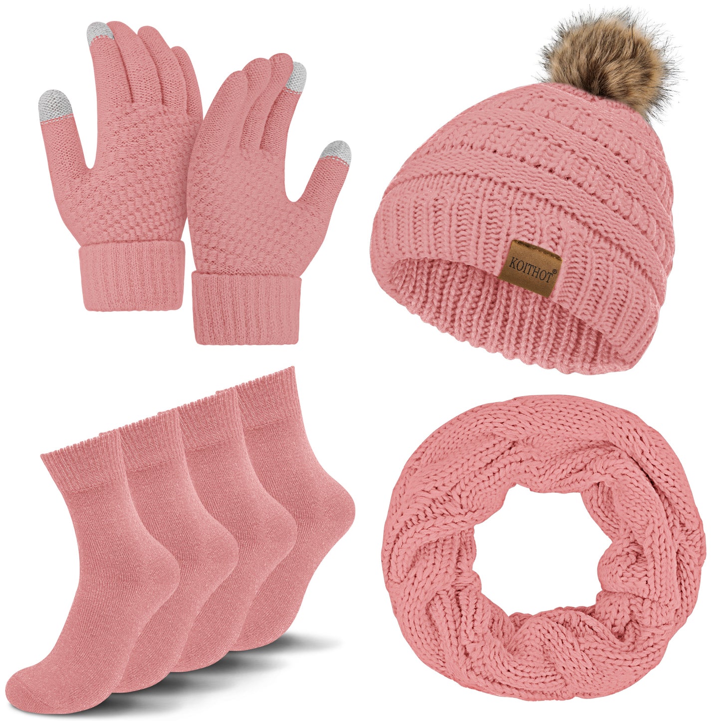 KOITHOT 5 Pcs Women Winter Hat Gloves Scarf Set, Warm Thick Soft Knitted Touch Screen Black