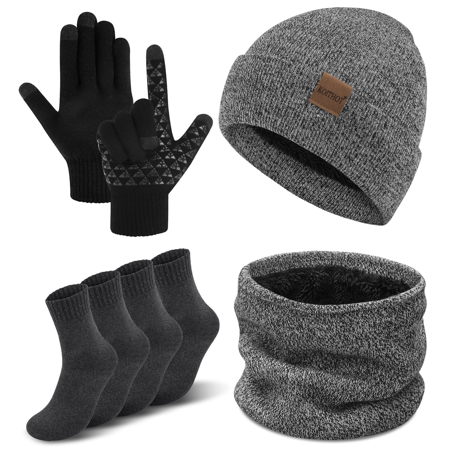 KOITHOT 5 Pcs Winter Beanie Hat Scarf Touchscreen Gloves Set with Wool Socks for Men Women Gray