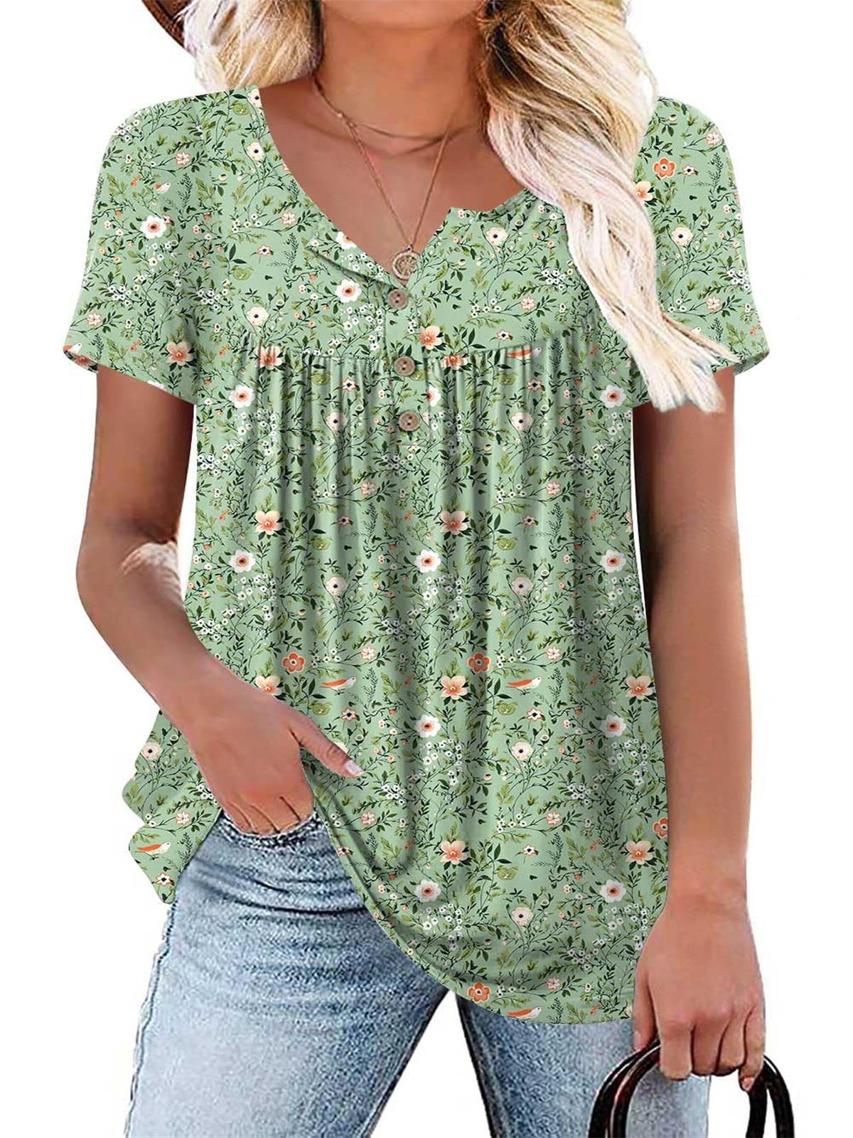 Women's Summer Plus Size Tops Short Sleeve Shirts Henley Fit Tunic Ladies Flowy Blouse