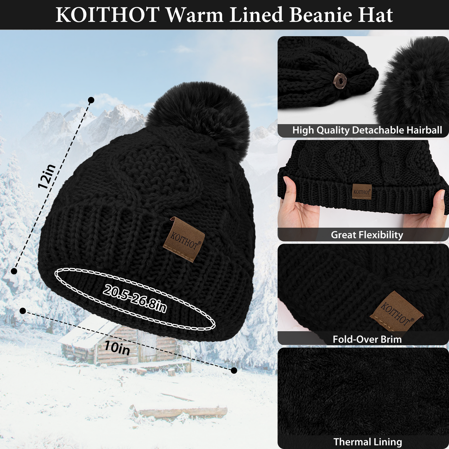 KOITHOT 3 Pieces Women Winter Hat Gloves Scarf Set, Soft Warm Thick Touch Screen Knitted Black