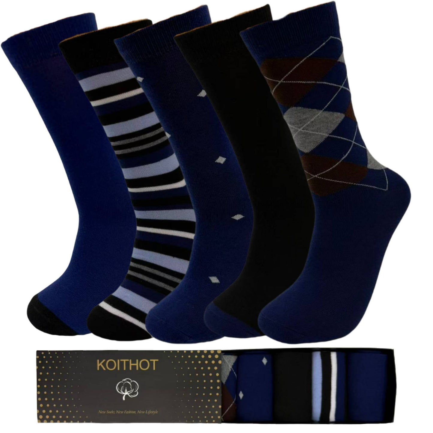 KOITHOT 5 Pairs Men Dress Socks, Lightweight Classic Crew Scocks for Men Size 10-13