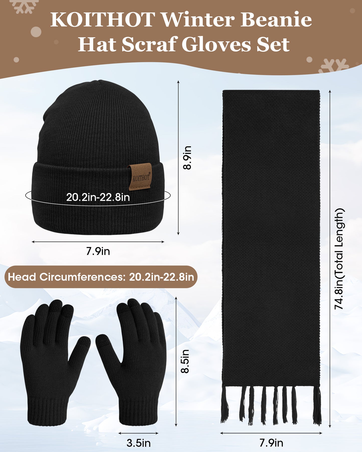 KOITHOT 3 Pcs Winter Satin Silk Lined Beanie Hat Long Knit Scarf Touchscreen Wool Gloves Set for Women Men Black