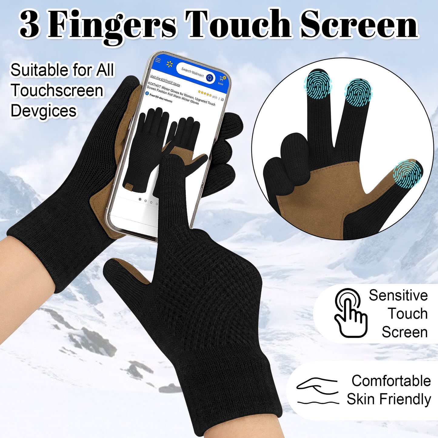 KOITHOT Winter Women Touchscreen Leather-Palm Gloves, Elegant Embossed Touchscreen Winter Gloves