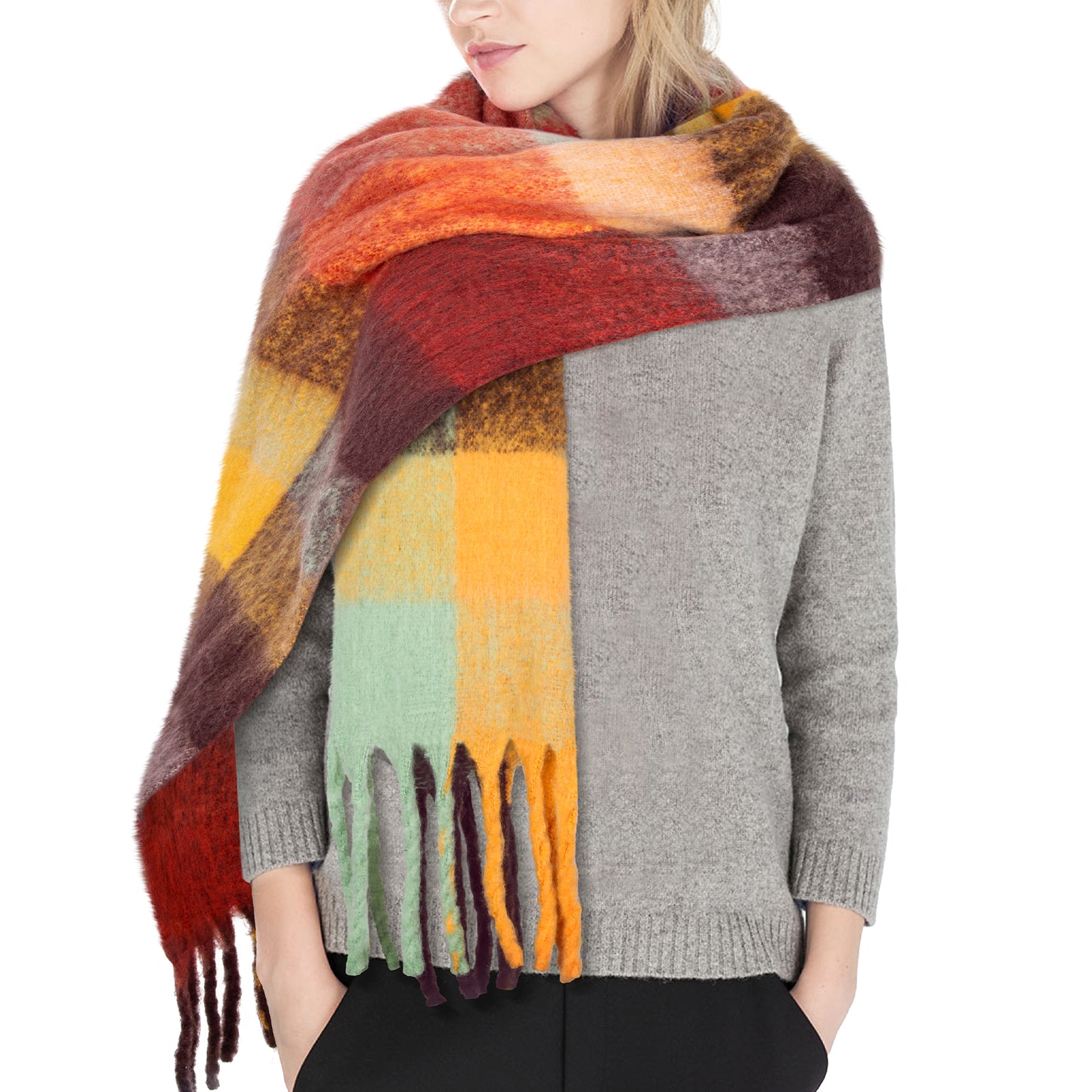 KOITHOT Winter Womens Scarf, Big Coloured Checked Soft Thick Warm Scarves Rainbow