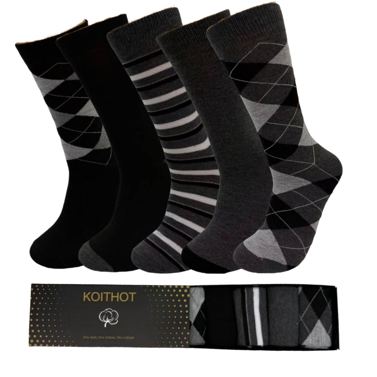 KOITHOT 5 Pairs Men Dress Socks, Lightweight Classic Crew Scocks for Men Size 10-13
