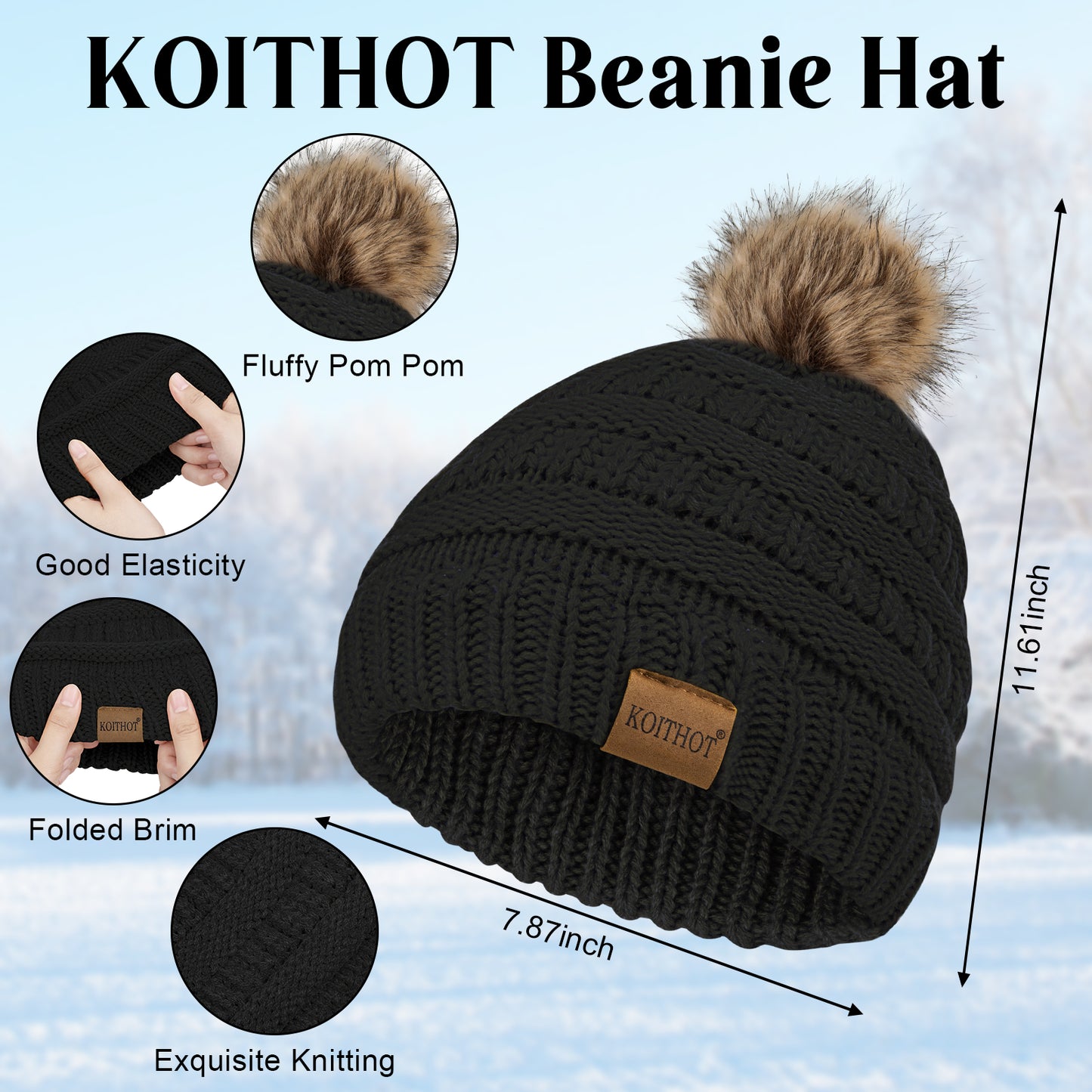 KOITHOT 5 Pcs Women Winter Hat Gloves Scarf Set, Warm Thick Soft Knitted Touch Screen Black