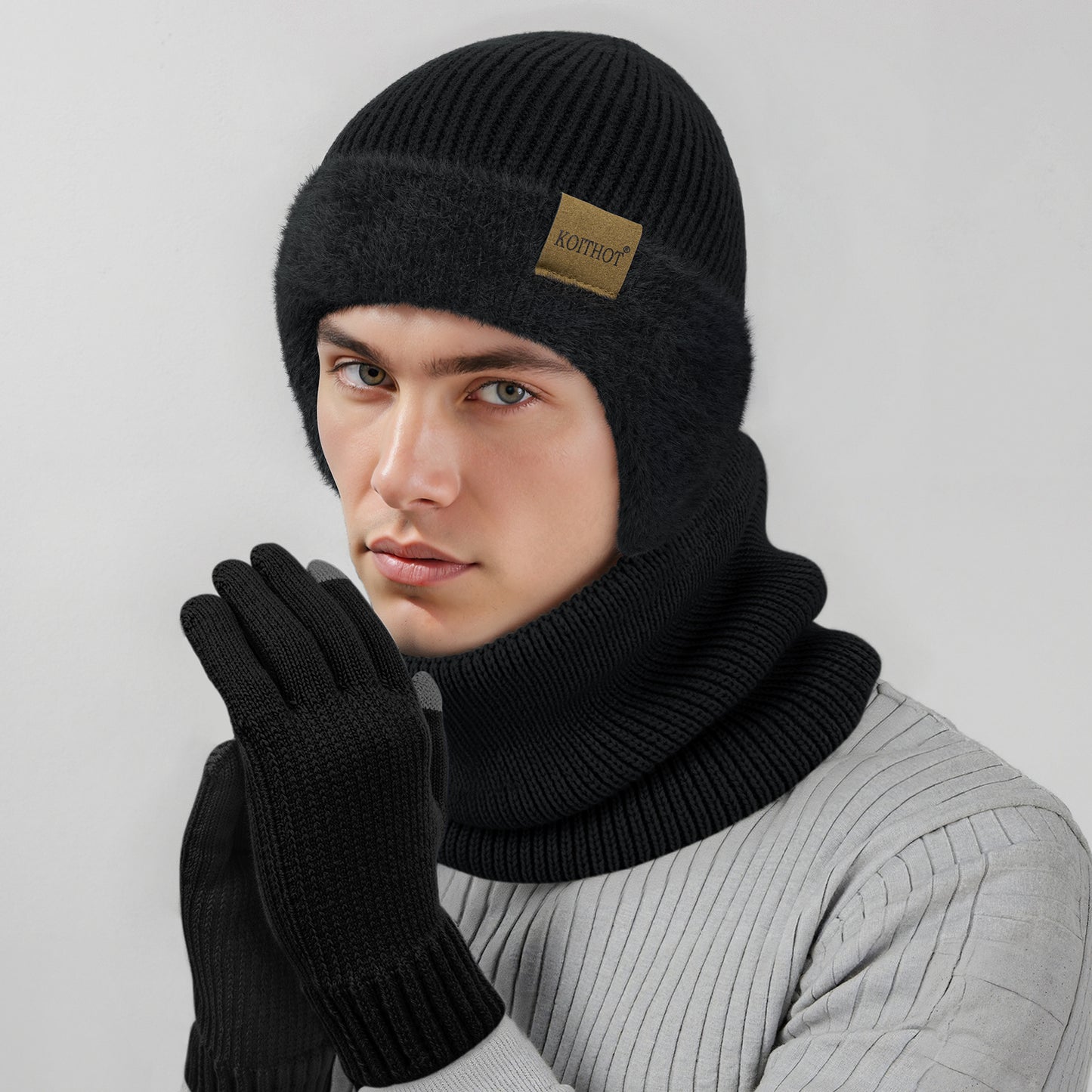 KOITHOT 3 Pcs Winter Beanie Hat with Ear Flaps Knitted Neck Warmer Touchscreen Gloves Set for Men Women Black