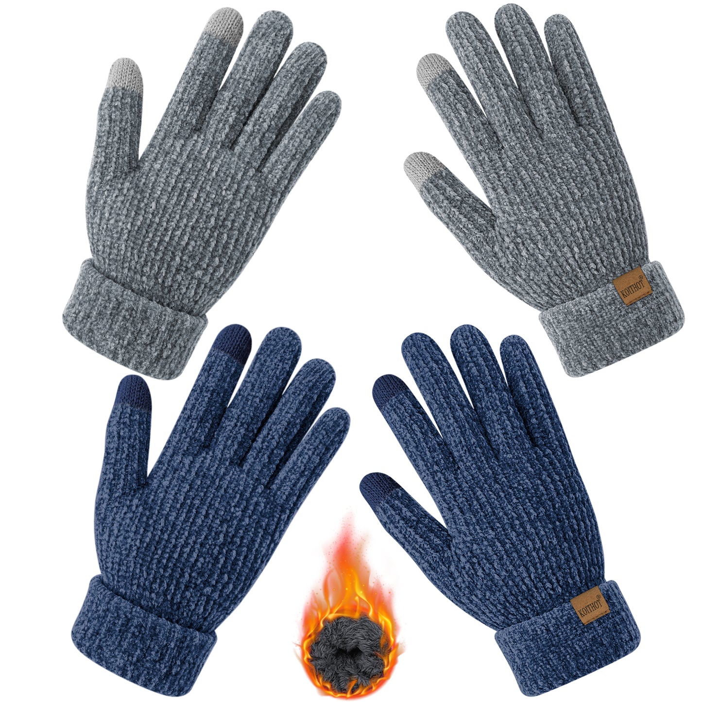 KOITHOT 2 Pairs Winter Gloves for Women Chenille, Winter Warm Thick Lined Touchscreen Fingers Weather Gloves