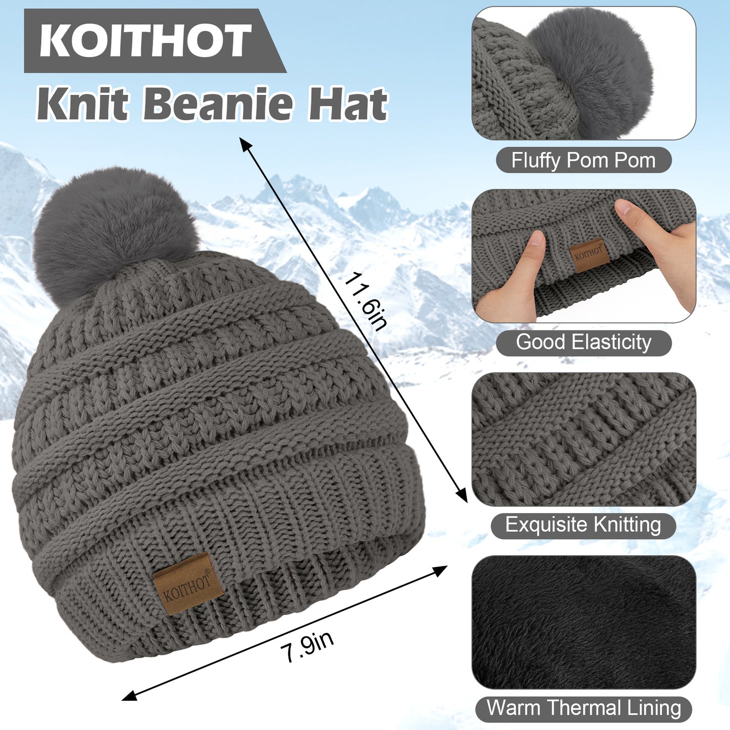 KOITHOT 8 Pcs Winter Beanie Hat Neck Warmer Earmuff  Touchscreen Gloves Set with Gift Box for Women Men Black and Dark Gray