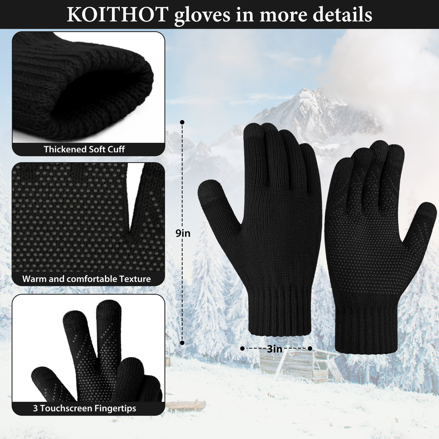 KOITHOT 3 Pieces Women Winter Hat Gloves Scarf Set, Soft Warm Thick Touch Screen Knitted Black