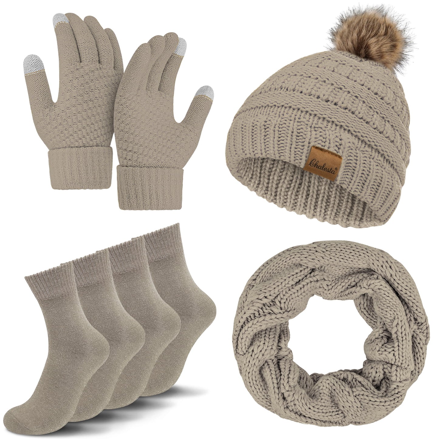 KOITHOT 5 Pcs Women Winter Hat Gloves Scarf Set, Warm Thick Soft Knitted Touch Screen Black