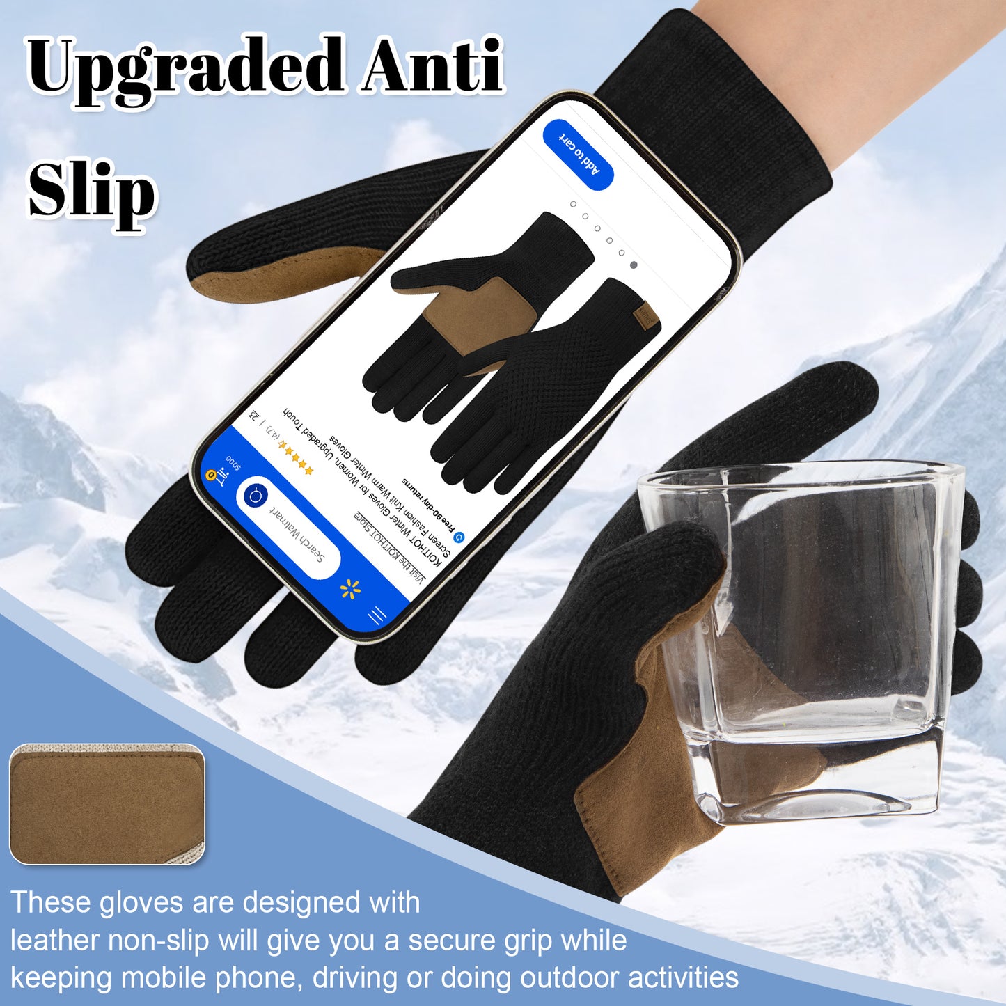 KOITHOT Winter Women Touchscreen Leather-Palm Gloves, Elegant Embossed Touchscreen Winter Gloves