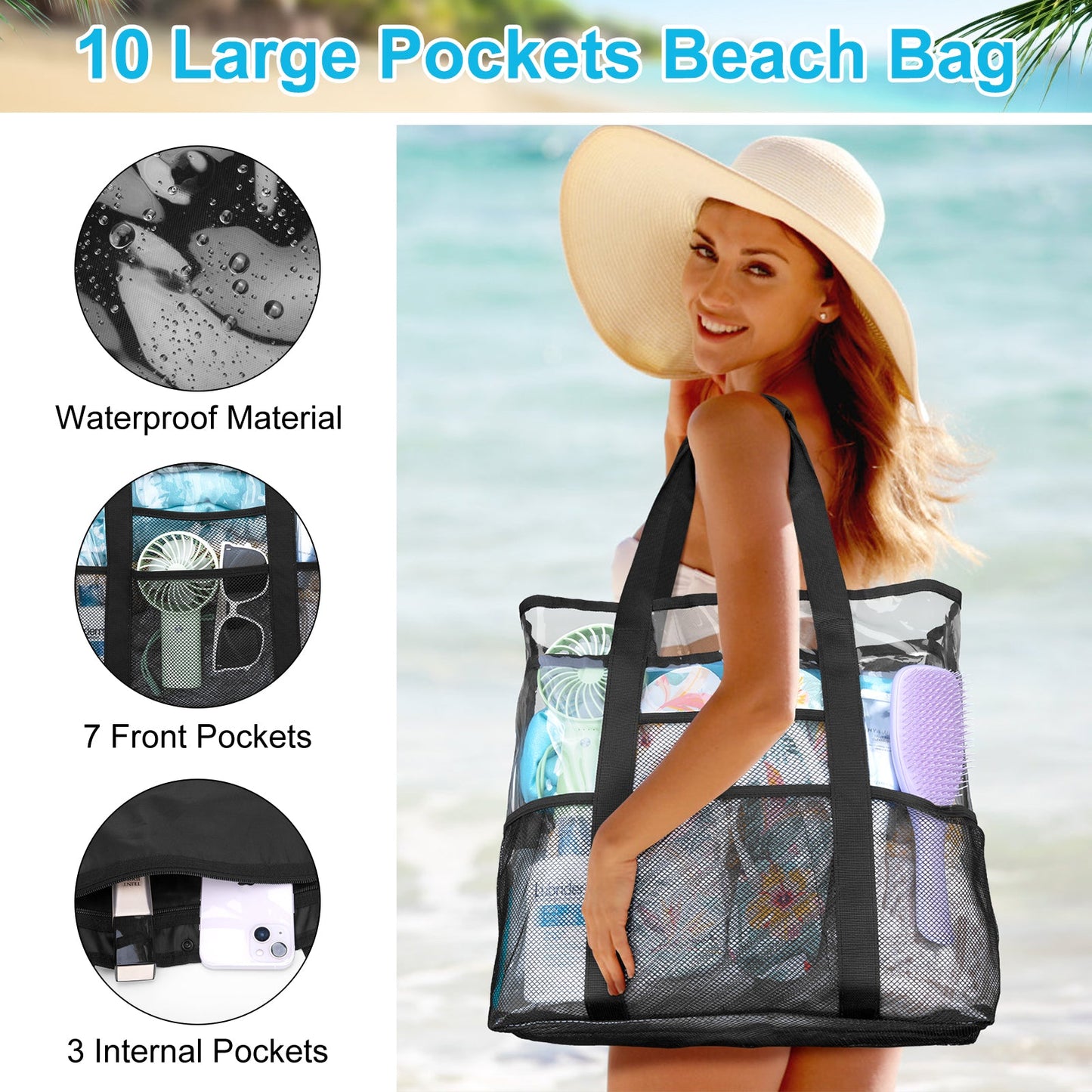 KOITHOT Beach Bag for Women, Large Beach Tote with 10 Pockets and Matching Pouch Clear Waterproof Foldable for Summer Pool Gift