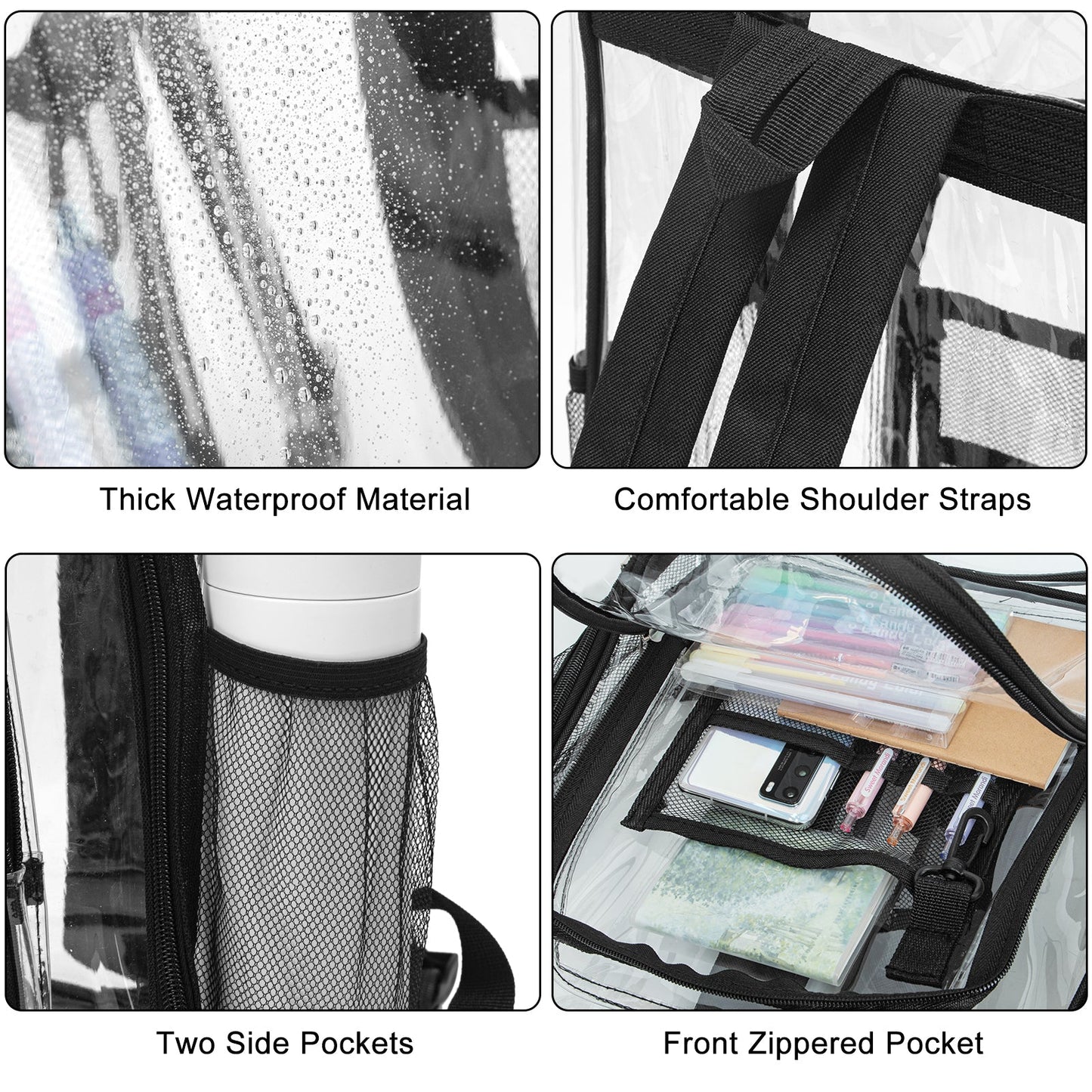 KOITHOT Heavy Duty Clear Backpacks Large Capacity Transparent Waterproof Backpacks for School Stadium College,Black