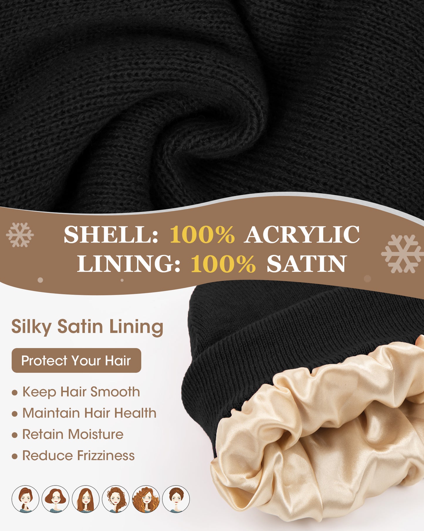 KOITHOT 3 Pcs Winter Satin Silk Lined Beanie Hat Long Knit Scarf Touchscreen Wool Gloves Set for Women Men Black