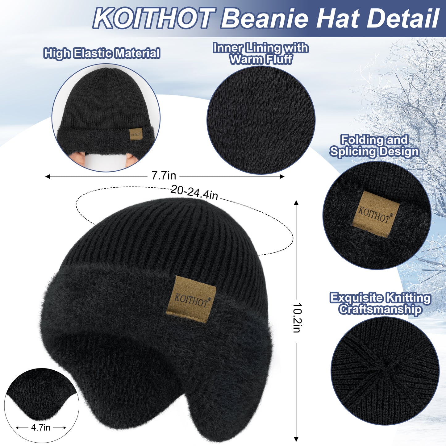 KOITHOT 3 Pcs Winter Beanie Hat with Ear Flaps Knitted Neck Warmer Touchscreen Gloves Set for Men Women Black
