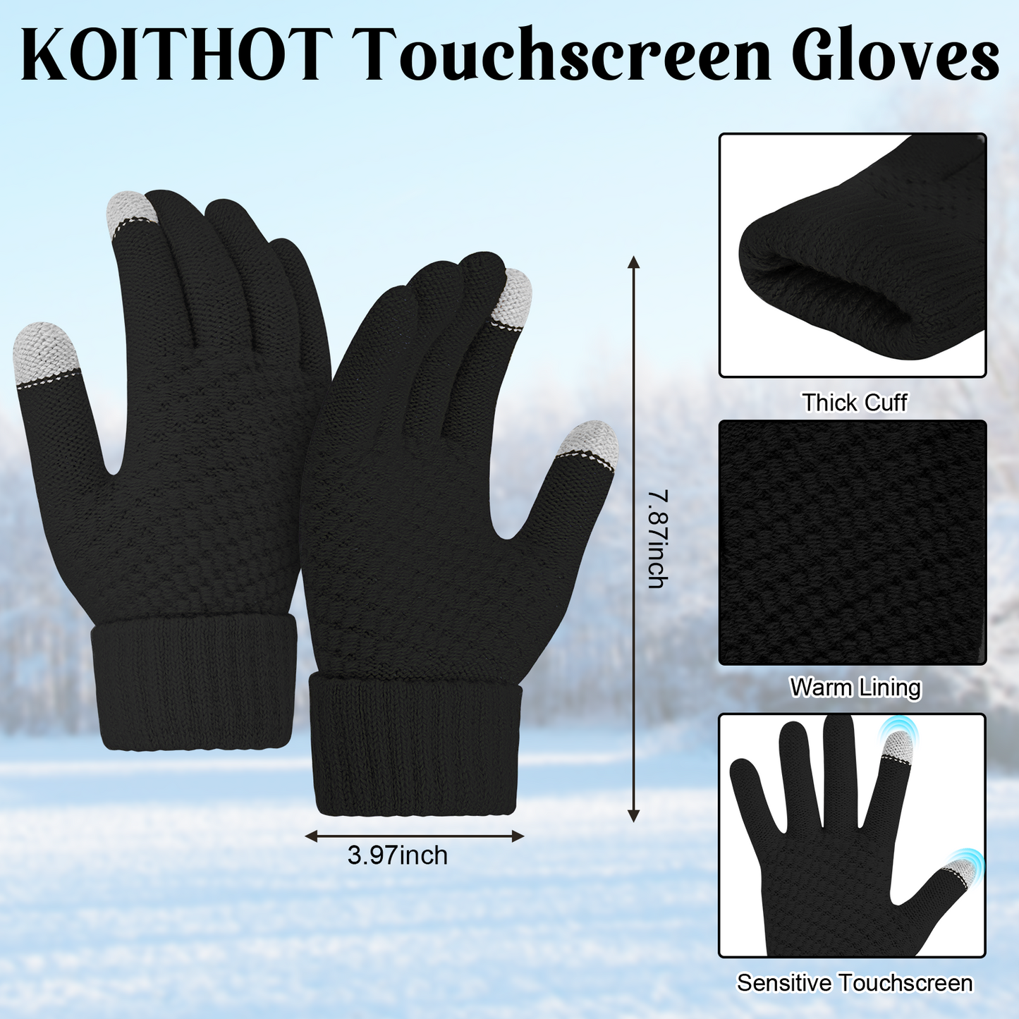 KOITHOT 5 Pcs Women Winter Hat Gloves Scarf Set, Warm Thick Soft Knitted Touch Screen Black
