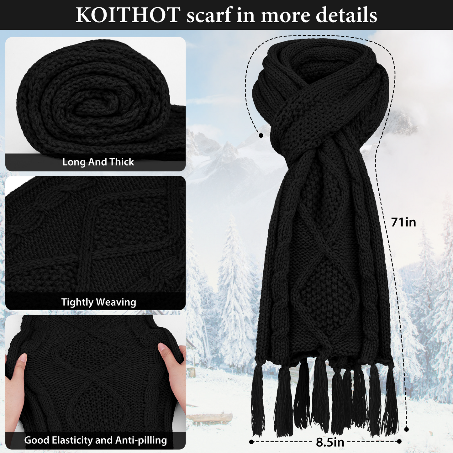 KOITHOT 3 Pieces Women Winter Hat Gloves Scarf Set, Soft Warm Thick Touch Screen Knitted Black