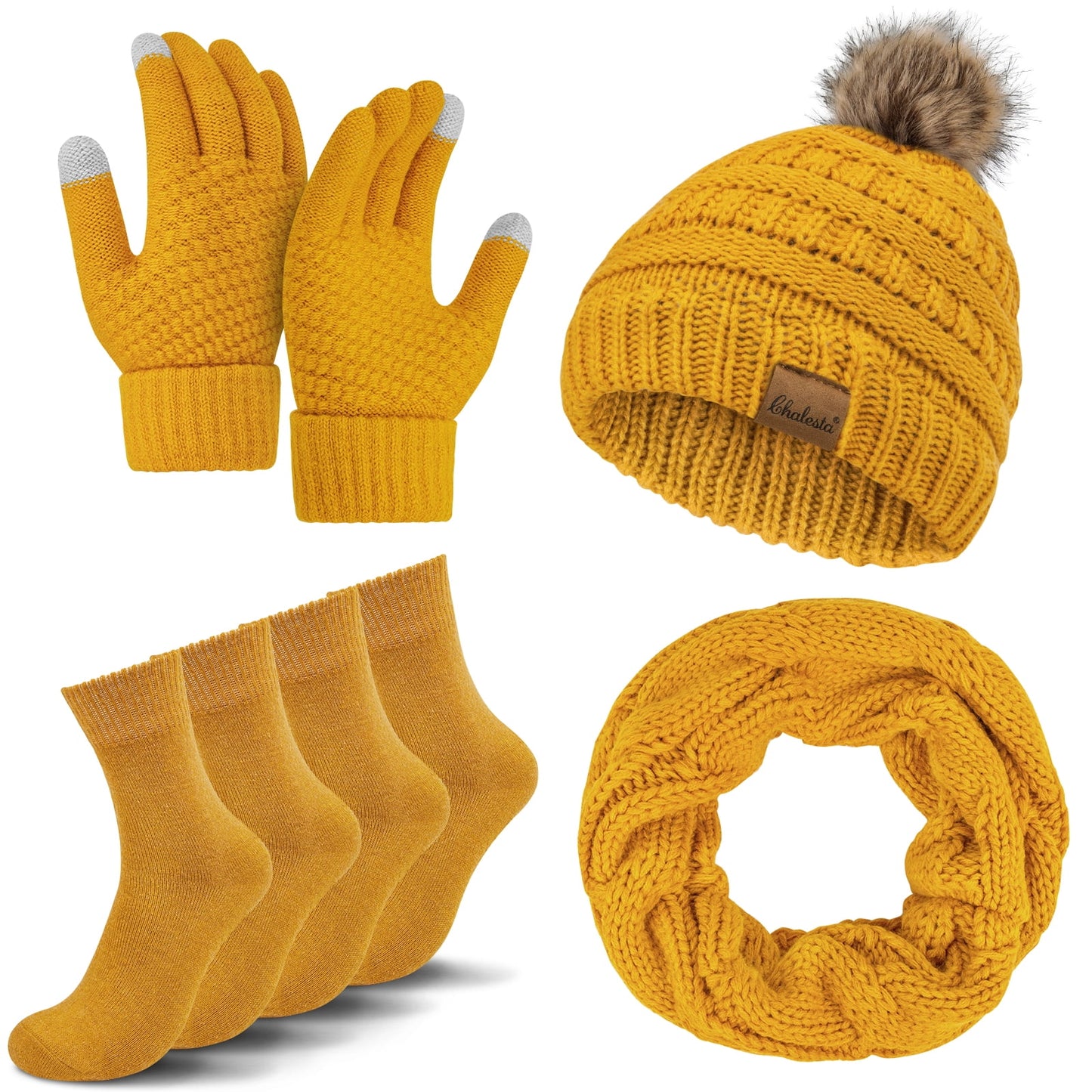 KOITHOT 5 Pcs Women Winter Hat Gloves Scarf Set, Warm Thick Soft Knitted Touch Screen Black