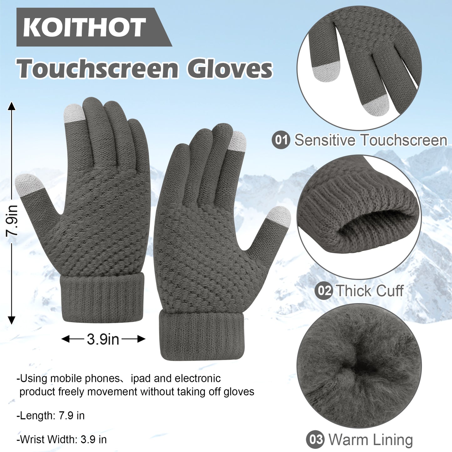 KOITHOT 8 Pcs Winter Beanie Hat Neck Warmer Earmuff  Touchscreen Gloves Set with Gift Box for Women Men Black and Dark Gray