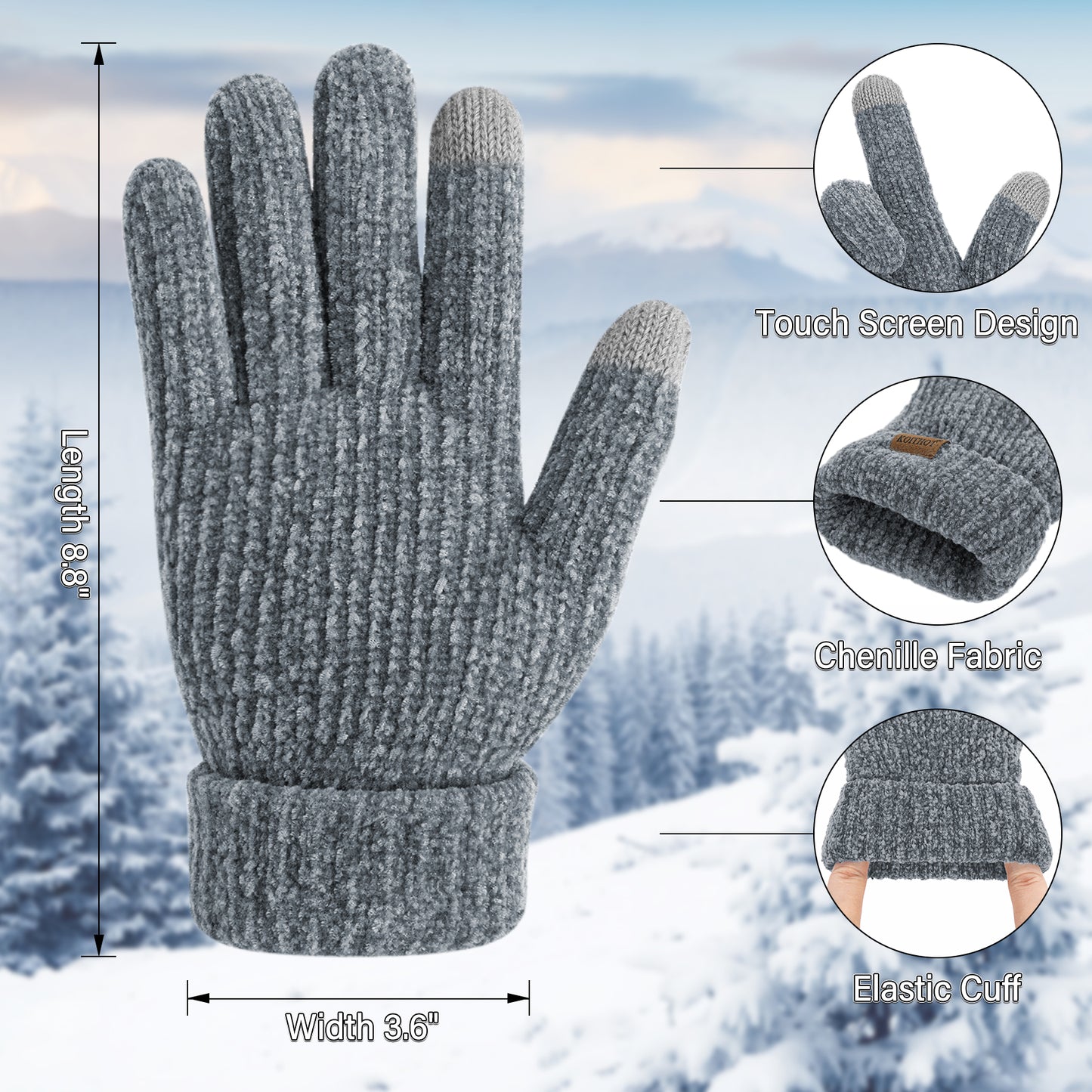 KOITHOT 2 Pairs Winter Gloves for Women Chenille, Winter Warm Thick Lined Touchscreen Fingers Weather Gloves