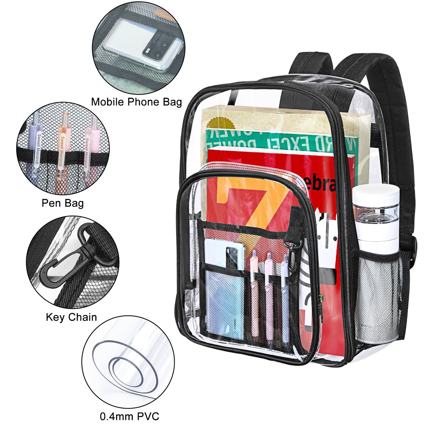 KOITHOT Heavy Duty Clear Backpacks Large Capacity Transparent Waterproof Backpacks for School Stadium College,Black