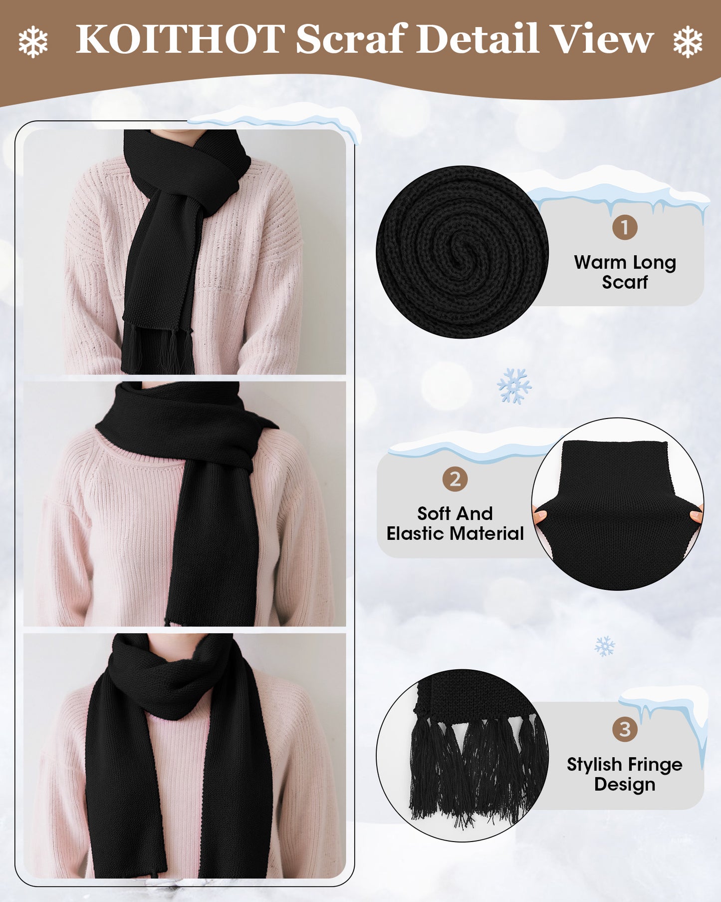 KOITHOT 3 Pcs Winter Satin Silk Lined Beanie Hat Long Knit Scarf Touchscreen Wool Gloves Set for Women Men Black