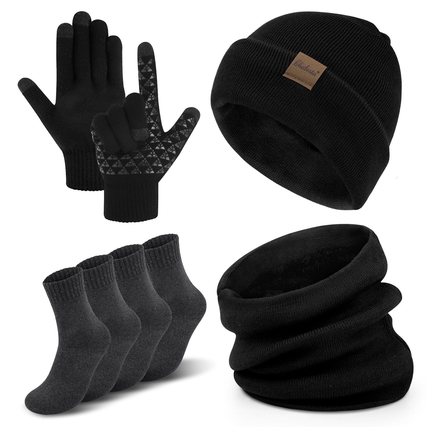 KOITHOT 5 Pcs Winter Beanie Hat Scarf Touchscreen Gloves Set with Wool Socks for Men Women Gray