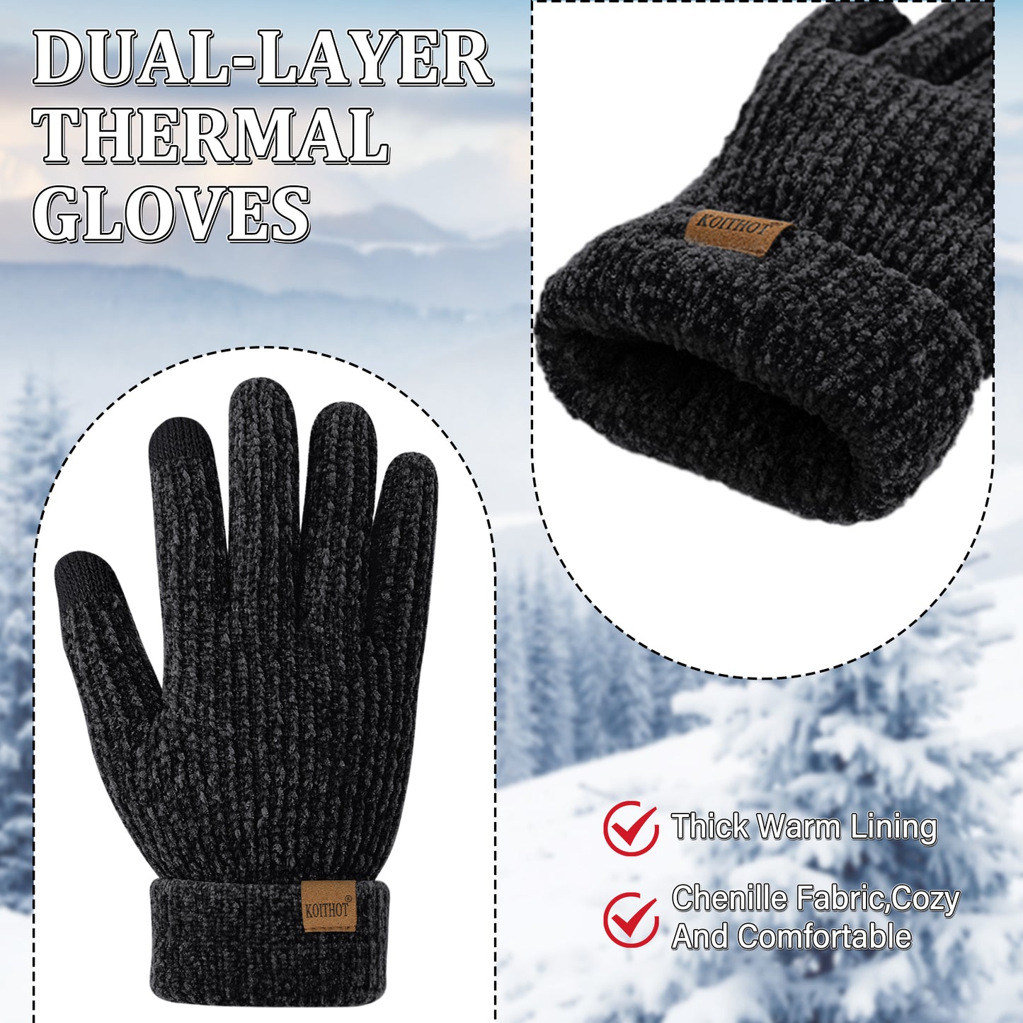 KOITHOT 2 Pairs Winter Gloves for Women Chenille, Winter Warm Thick Lined Touchscreen Fingers Weather Gloves