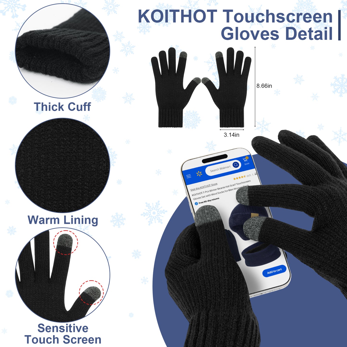 KOITHOT 3 Pcs Winter Beanie Hat with Ear Flaps Knitted Neck Warmer Touchscreen Gloves Set for Men Women Black