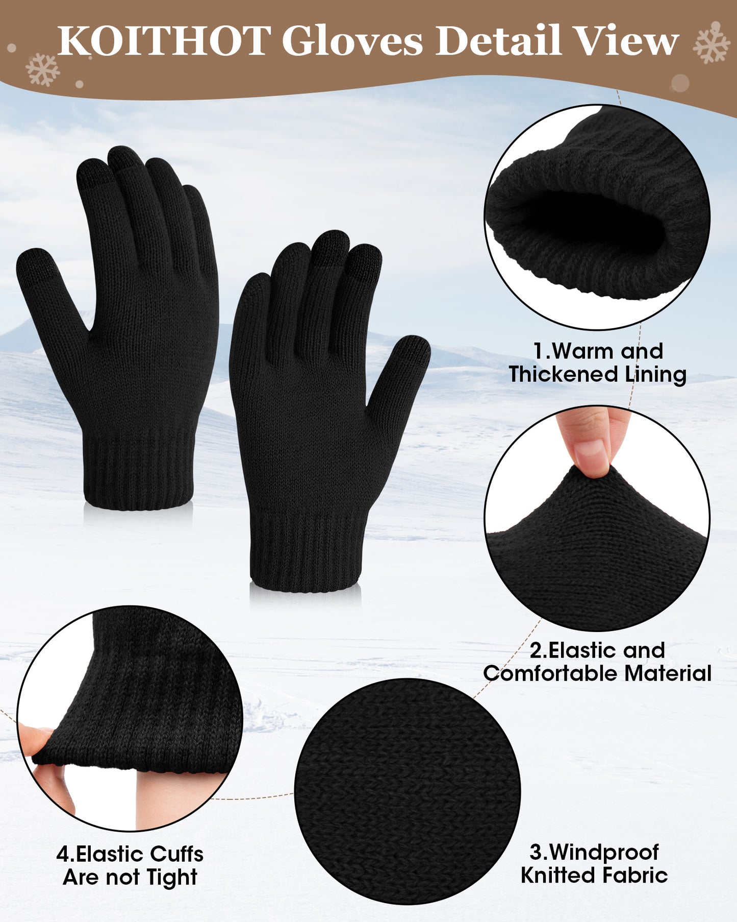 KOITHOT 3 Pcs Winter Satin Silk Lined Beanie Hat Long Knit Scarf Touchscreen Wool Gloves Set for Women Men Black
