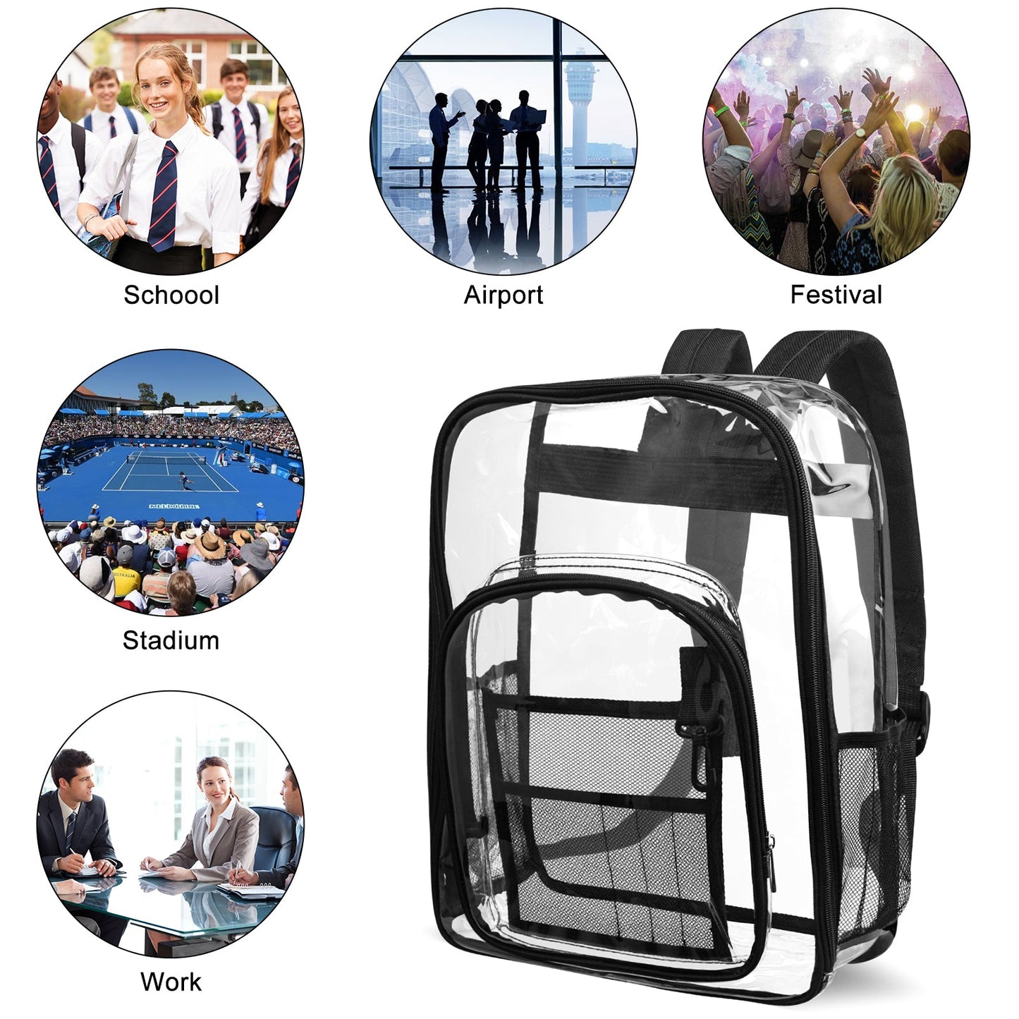 KOITHOT Heavy Duty Clear Backpacks Large Capacity Transparent Waterproof Backpacks for School Stadium College,Black