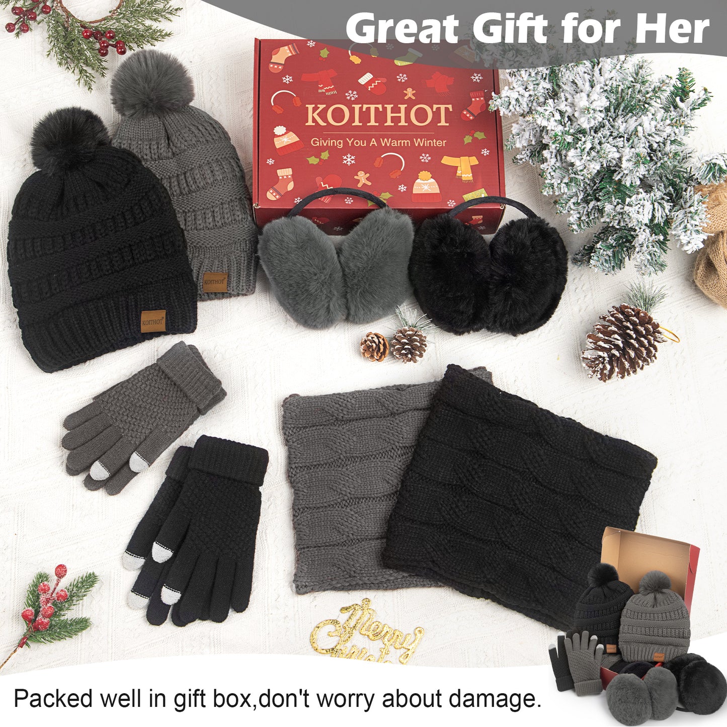 KOITHOT 8 Pcs Winter Beanie Hat Neck Warmer Earmuff  Touchscreen Gloves Set with Gift Box for Women Men Black and Dark Gray