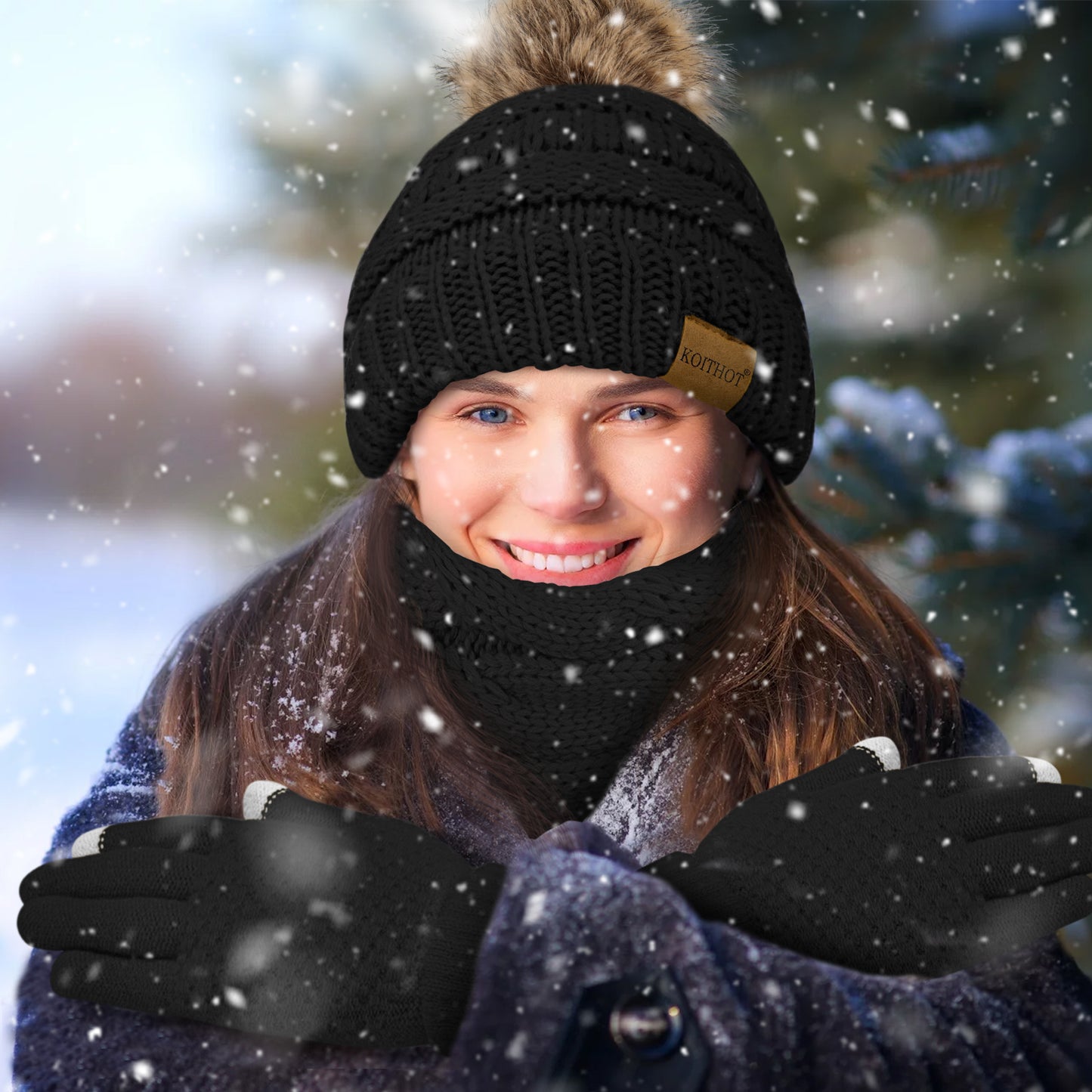 KOITHOT 5 Pcs Women Winter Hat Gloves Scarf Set, Warm Thick Soft Knitted Touch Screen Black